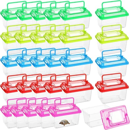 30 PCS Plastic Reptile Terrarium Carrier Cage, Portable Transparent Aquarium Box with Slotted Ventilation Holes for Turtle, Snake, Spider, Breeding, Hatching, Fish, 5 Colors Lid, 5 x 3.4 x 3.4 in