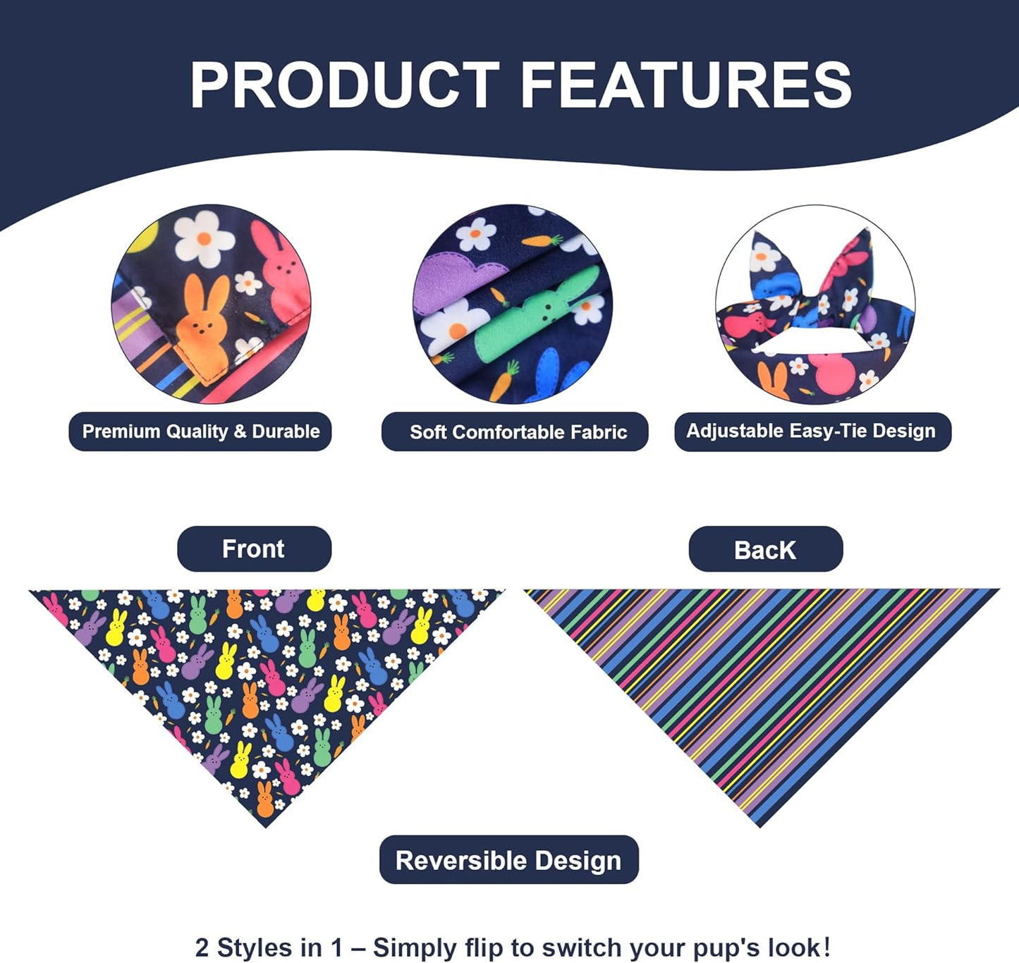 Easter Dog Bandana, Reversible Navy Bunny & Pastel Stripes for Large to X-Large Dogs, Cute Costume Accessory for Spring Gift