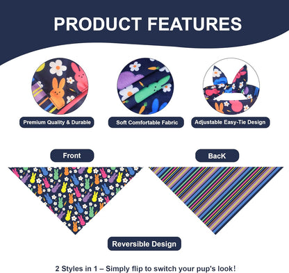 Easter Dog Bandana, Reversible Navy Bunny & Pastel Stripes for Large to X-Large Dogs, Cute Costume Accessory for Spring Gift