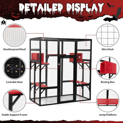 COZIWOW 70Inches Large Spacious Wooden Catio Outdoor Cat Enclosure with Perches and Condos, Cat Cage Indoor with Waterproof Roof, 7 Platforms & 2 Resting Box, UV Resistant (Gothic)