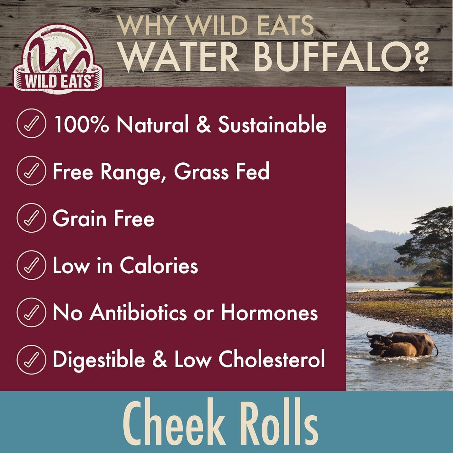 Wild Eats Water Buffalo Retriever Style Cheek Roll Dog Chews-5 Pack (Long Lasting Chews, Treats, Bones for Aggressive Chewers & Large Dogs) Great Substitute Pig Ears Dogs