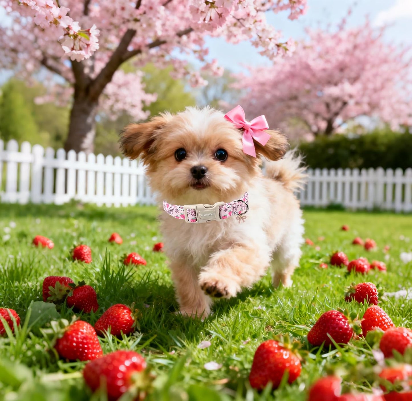 Lionet Paws Spring Dog Collar- Cute Strawberry Pink Dogs Collar with Plastic Buckle and Bowtie Pendant,Dog Collar for Medium Large Dogs