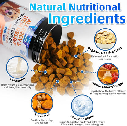 Dog Allergy Chews + Carmelie 24 in 1 Dog Multivitamin Chewable - 400 Treats - Seasonal Allergy Relief + Dog Vitamins for Hip & Joint, Skin & Coat, Immune Health (Chicken Flavor)