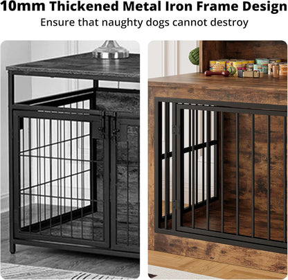 IRONCK Extra Large Dog Crate Furniture, 43.3 inches Wooden Dog Crate with Storage and 4 Hooks, Heavy Duty Pet Crate for Large Dog, Decorative Pet Cage for Indoor (30" L x 43.3" W x 41.1" H)