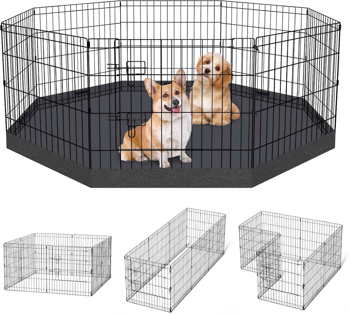 Dog Pen Pet Playpen Dog Fence Indoor Foldable Metal Wire Exercise Puppy Play Yard Pet Enclosure Indoor Outdoor 8 Panels 24 Inch with Bottom Pad/Top Cover (Black with Bottom pad)