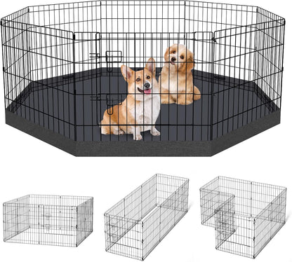 Dog Pen Pet Playpen Dog Fence Indoor Foldable Metal Wire Exercise Puppy Play Yard Pet Enclosure Indoor Outdoor 8 Panels 24 Inch with Bottom Pad/Top Cover (Black with Bottom pad)
