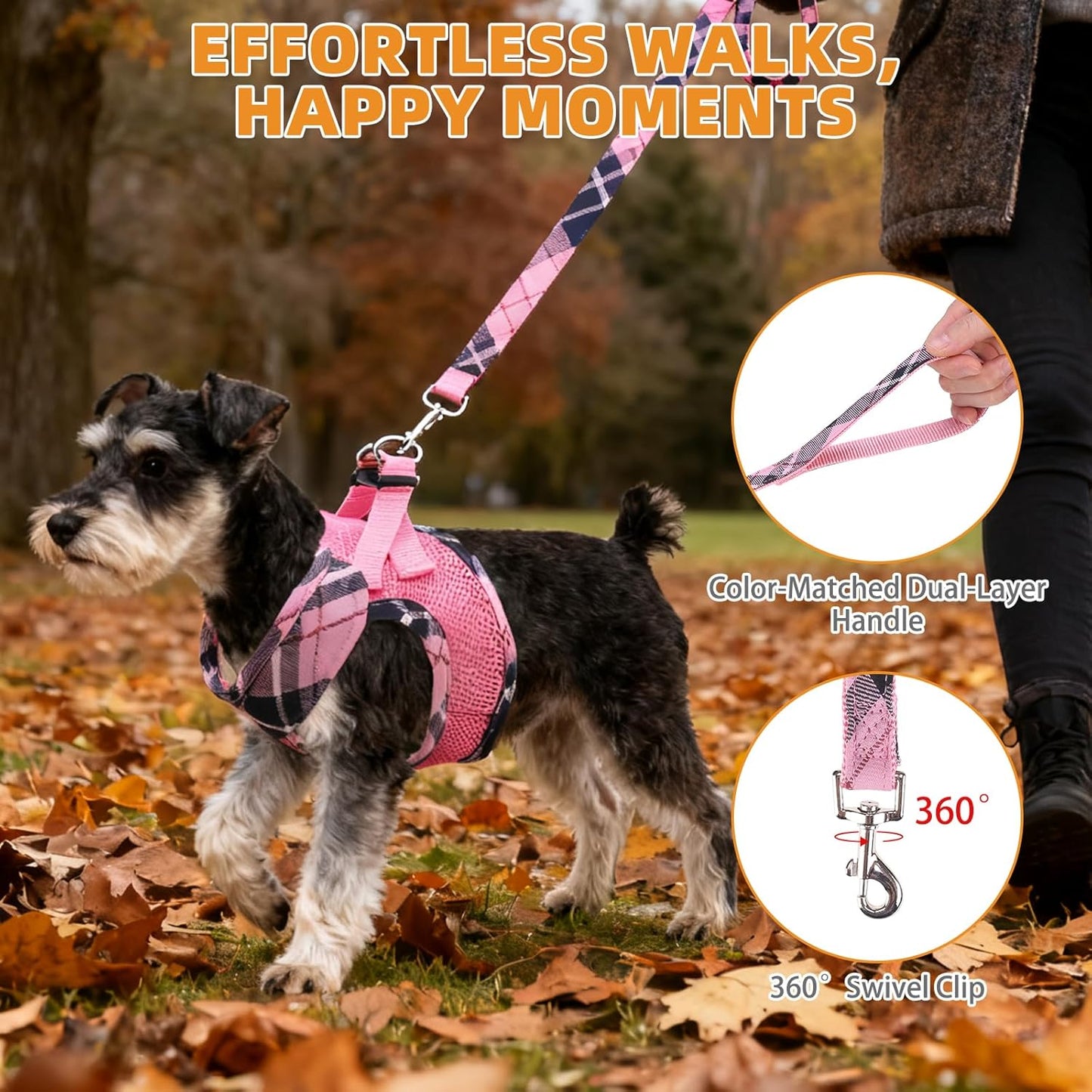 KOOLTAIL Small Dog Harness and Leash Set, Step in No Pull Soft Mesh Padded Pet Vest Harness Collar for Extra Small Size Dogs Cats Boy Girl, Breathable & Lightweight Plaid Puppy Harness, Pink XS