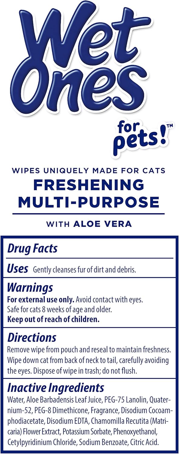 Wet Ones for Pets Freshening Multipurpose Wipes for Cats with Aloe Vera, Fresh Scent - Easy to Use Cat Cleaning Wipes for Pet Grooming in Canister, 50 Count