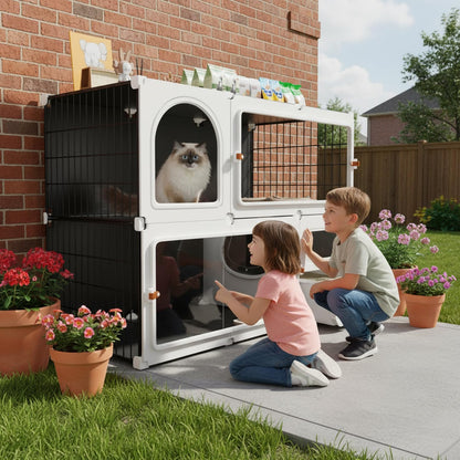 Cat Cage Cat Enclosure with Litter Box & Clear Sliding Door, Expandable Cat Playpen, Detachable Metal, Cat Cage Indoor and Outdoor, Ferret Cage