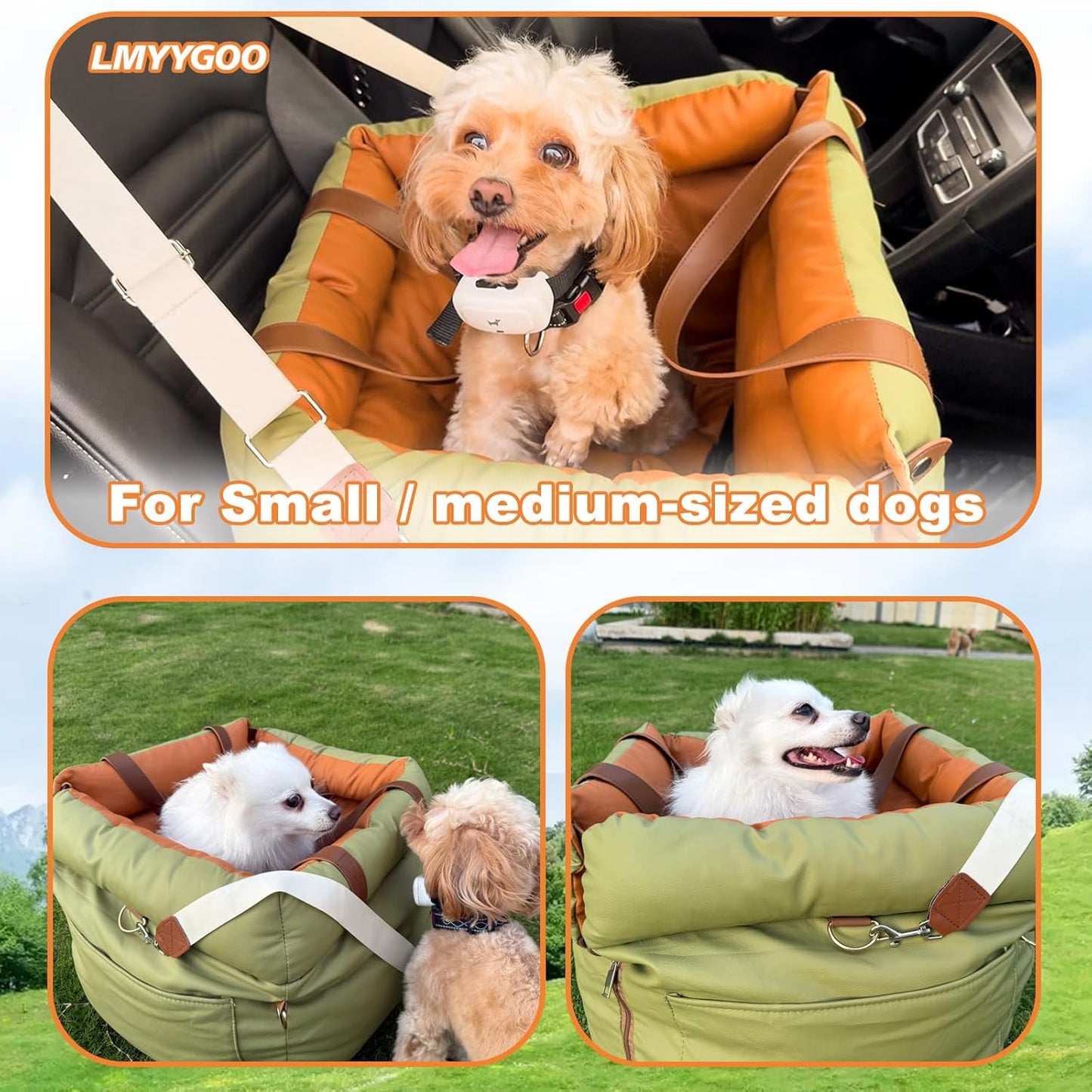 Dog Car Seat for Small & Medium Dogs, Waterproof Soft Leather Dog Car Bed with Harness Clip, Travel Bed & Carrier Bag for Pets, Fits Pets Up to 35 lbs (Green, Small & Medium)