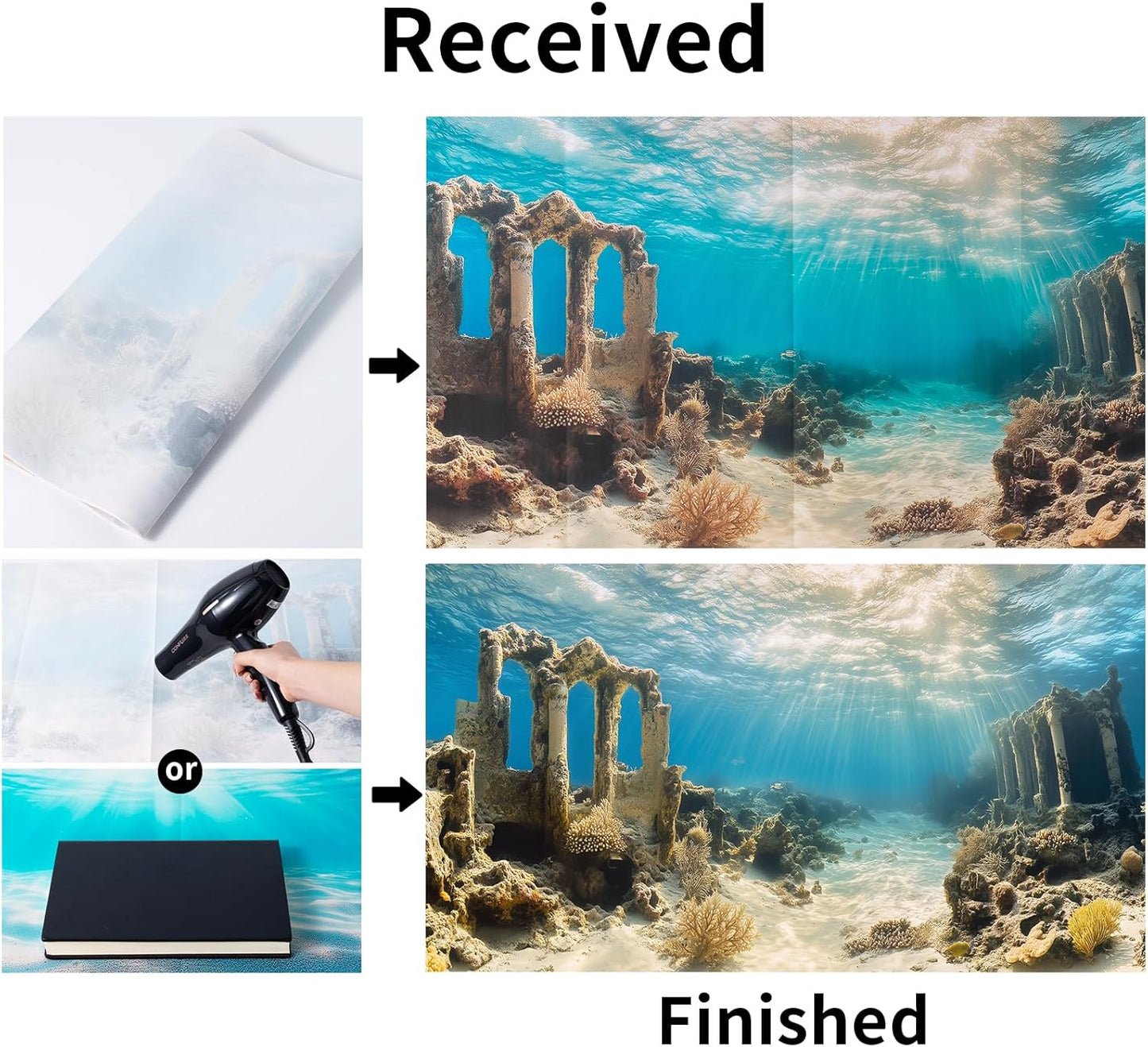 COMSUN 3 Pack Aquarium Background, 36x18 inches Polyester Aquarium Background, Cloth Fish Tank Background, Undersea Ruins Floor Sunshines & Tree Wood Branches Aquatic Plants