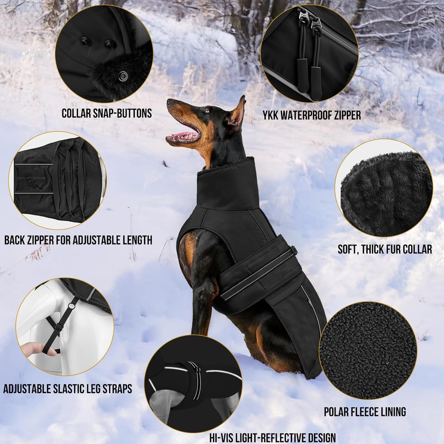 OneTigris Dog Coat Waterproof Dog Jacket with Adjustable Buckle Hook & Loop Windproof Cold Weather Coats for Small Medium Large Dogs (Black, X-Large)
