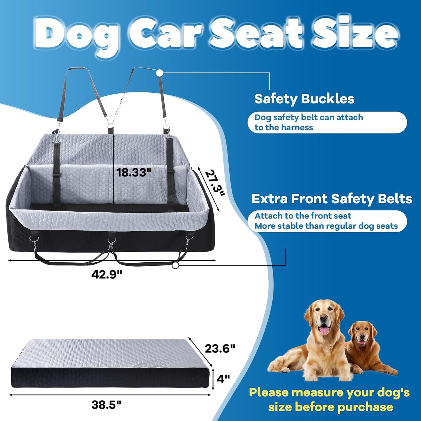 HOMBYS 42" L Dog Car Seat for Large and Medium, 4.2" Thick Dog Car Booster Seat, Back Seat Extender with 6 Straps, Pet Sofa Bed Cushion, Detachable & Machine Washable