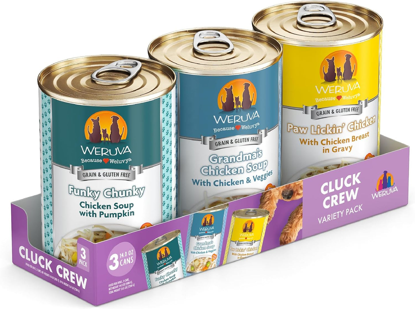 Weruva Classic Dog Food, Cluck Crew Trial Variety Pack, 14oz Can, Pack of 3
