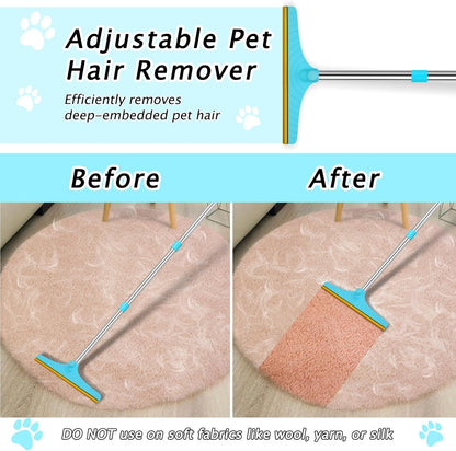 Carpet Rake for Pet Hair Removal - Reusable Pet Hair Remover, 60” Adjustable Long Handle Cat Dog Carpet Rake Scraper with Patented Design, Dog Hair Rake Brush for Rugs, Mats
