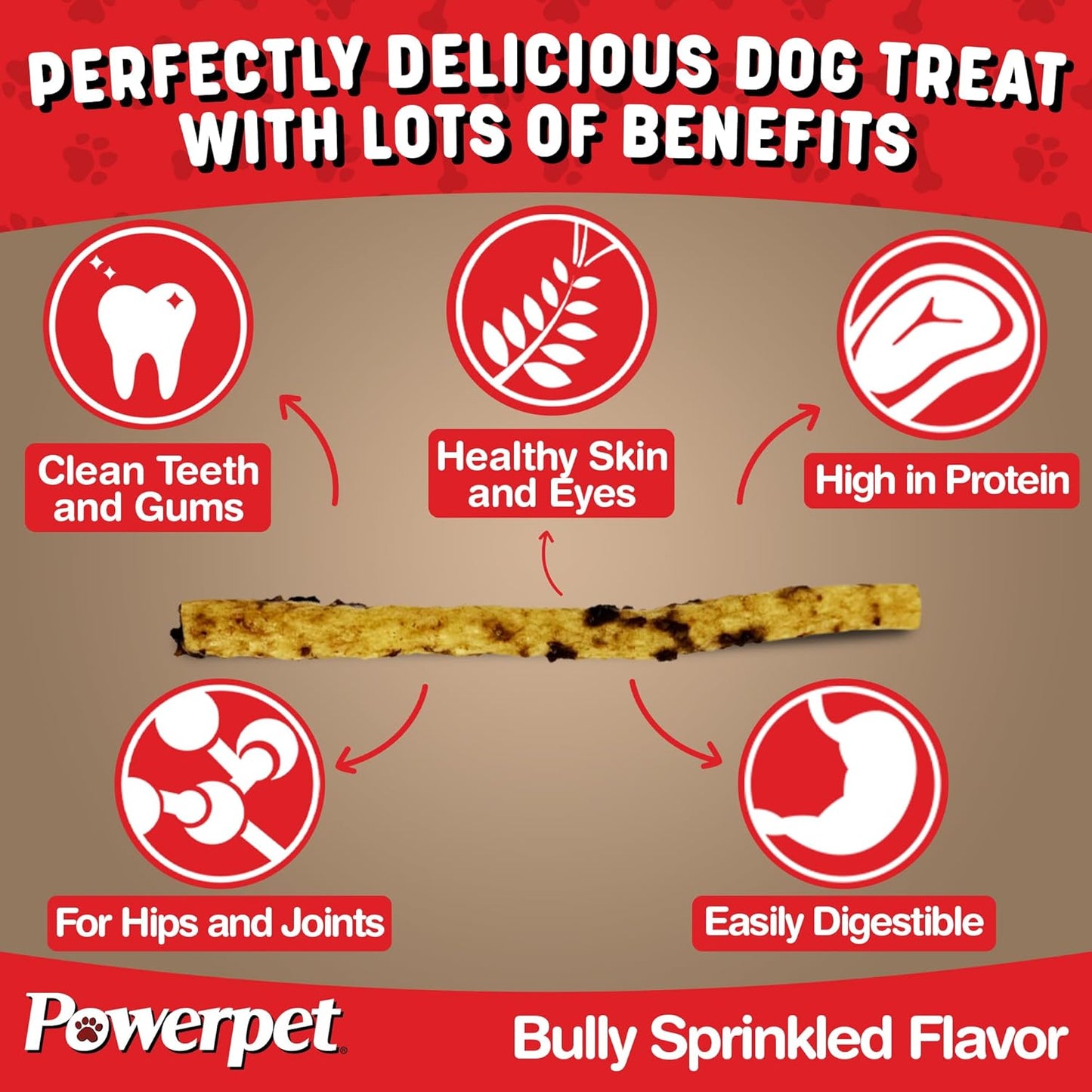 Powerpet Beef Collagen Sticks Soft Dog Chew - 100% Natural & Highly Digestible, High Protein, Low Fat, Rawhide-Free for Hip & Joint and Skin & Coat, Healthy Treats - Bully Sprinkled Flavor, Pack of 10