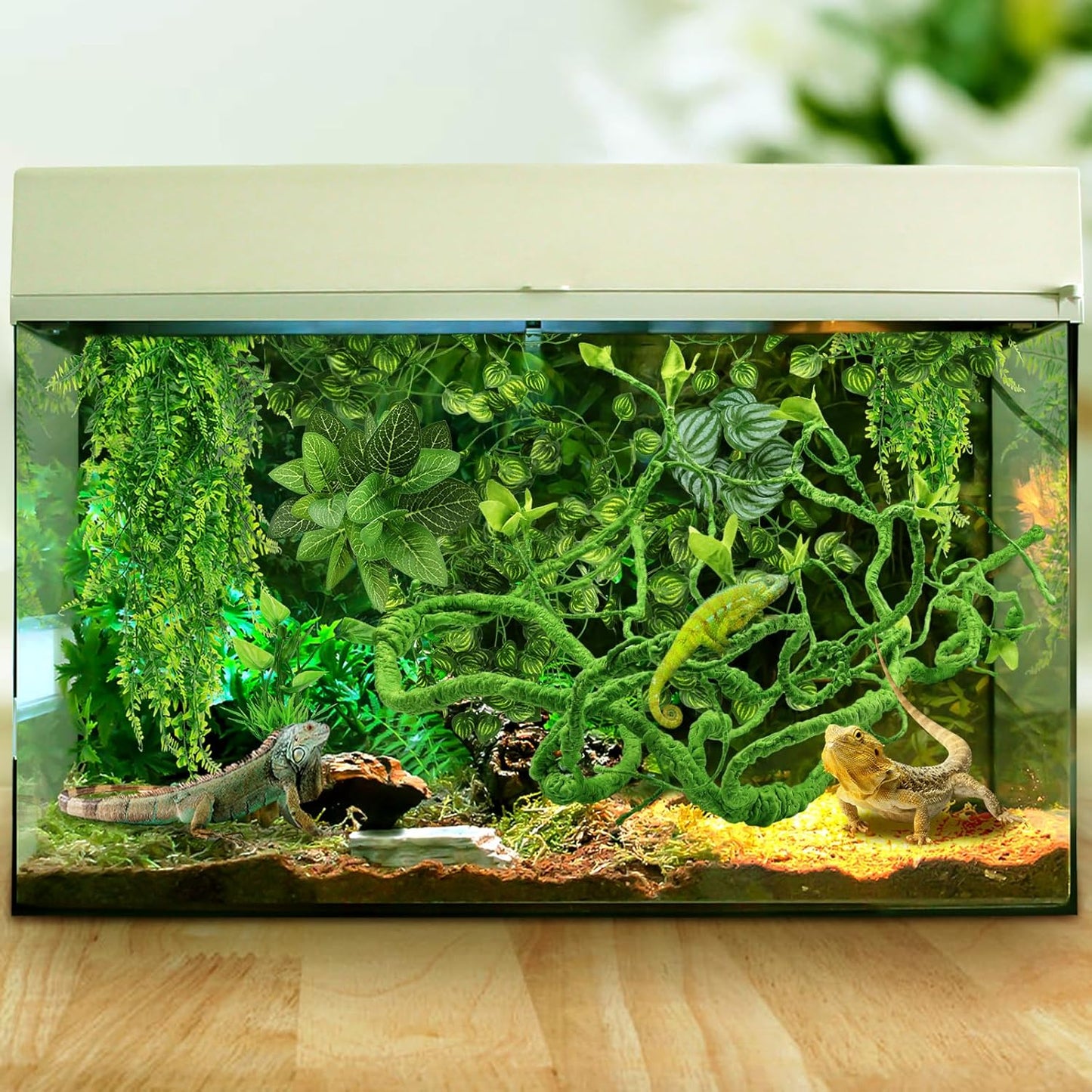 Bearded Dragon Tank Accessories for Habitat, Terrarium Hanging Plants Artificial Leaves Reptile Hide, Leopard Gecko Tank Accessories Hide Terrarium Decor for Lizard Geckos Chameleon Snake