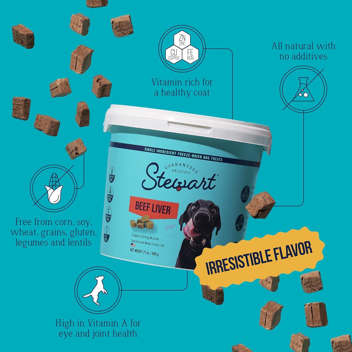 Stewart Beef Liver Dog Treats, 21 oz, ~475 Pieces, Freeze Dried Raw, Single Ingredient, 50% Protein Training Treats or Meal Topper in a Value Size Resealable Tub, Grain Free, Gluten Free