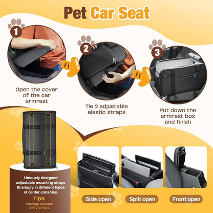 YUDODO Center Console Dog Car Seat, Anti-Slip Pet Cat Booster Seat for Small Dogs, Portable Puppy Bed Carseat Carrier PU Leather Black