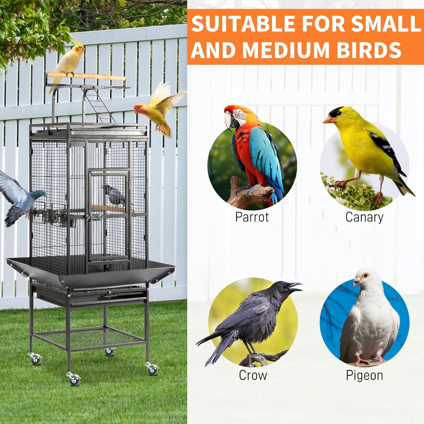 Large Wrought Iron Rolling Bird Cage with Interactive Play Top and Stand for Parrots, Cockatiels, Lovebirds and Medium-Sized Birds
