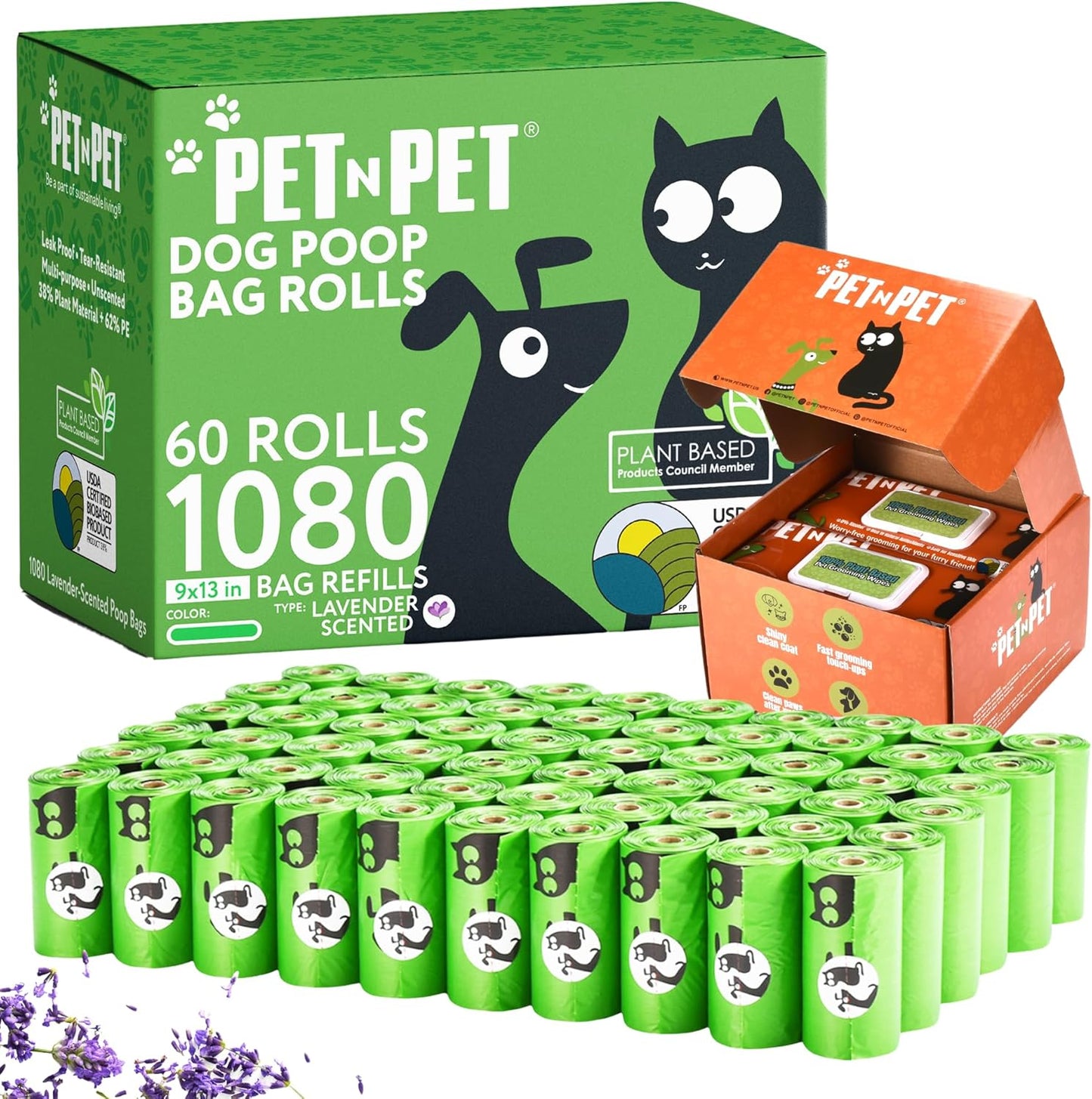 Pet N Pet 1080 Counts Green, Lavender Scented Poop Bags for Dogs, 38% Plant Based & 62% PE + 100% Plant Based Dog Wipes for Paws and Butt, 400 Counts Dog Pet Wipes, 8" x 8" Hypoallergenic Wipes