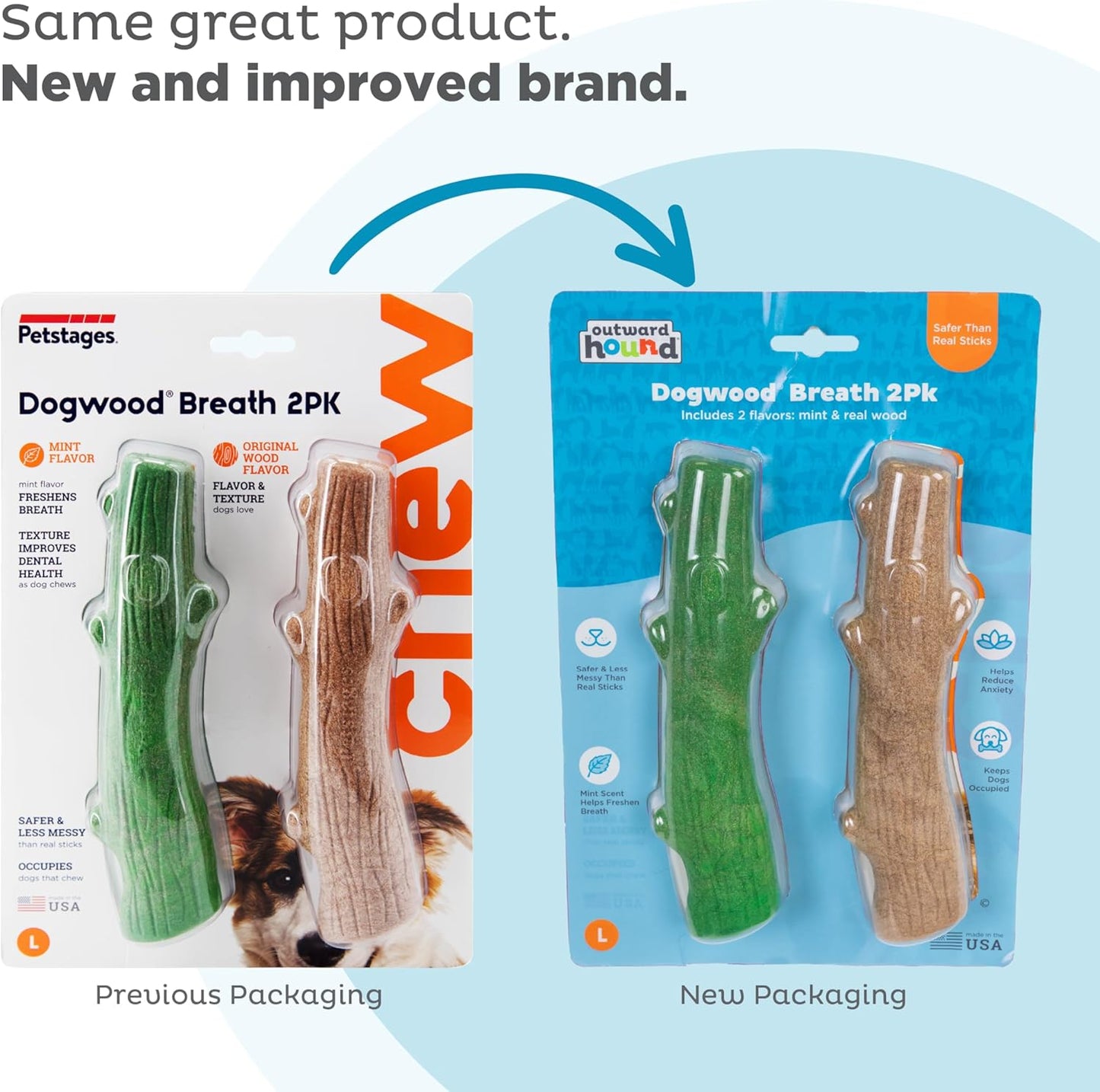 Outward Hound Dogwood Wood Durable Dog Chew Toys, Real Wood & Mint, 2-Pack, Large