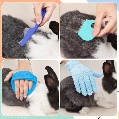 VCZONE Small Animal Grooming Set: Pet Nail Clipper & File, Flea Comb, Shampoo Brush, Shedding Slicker Brush, Massage Glove, Cleaning Comb (Blue)