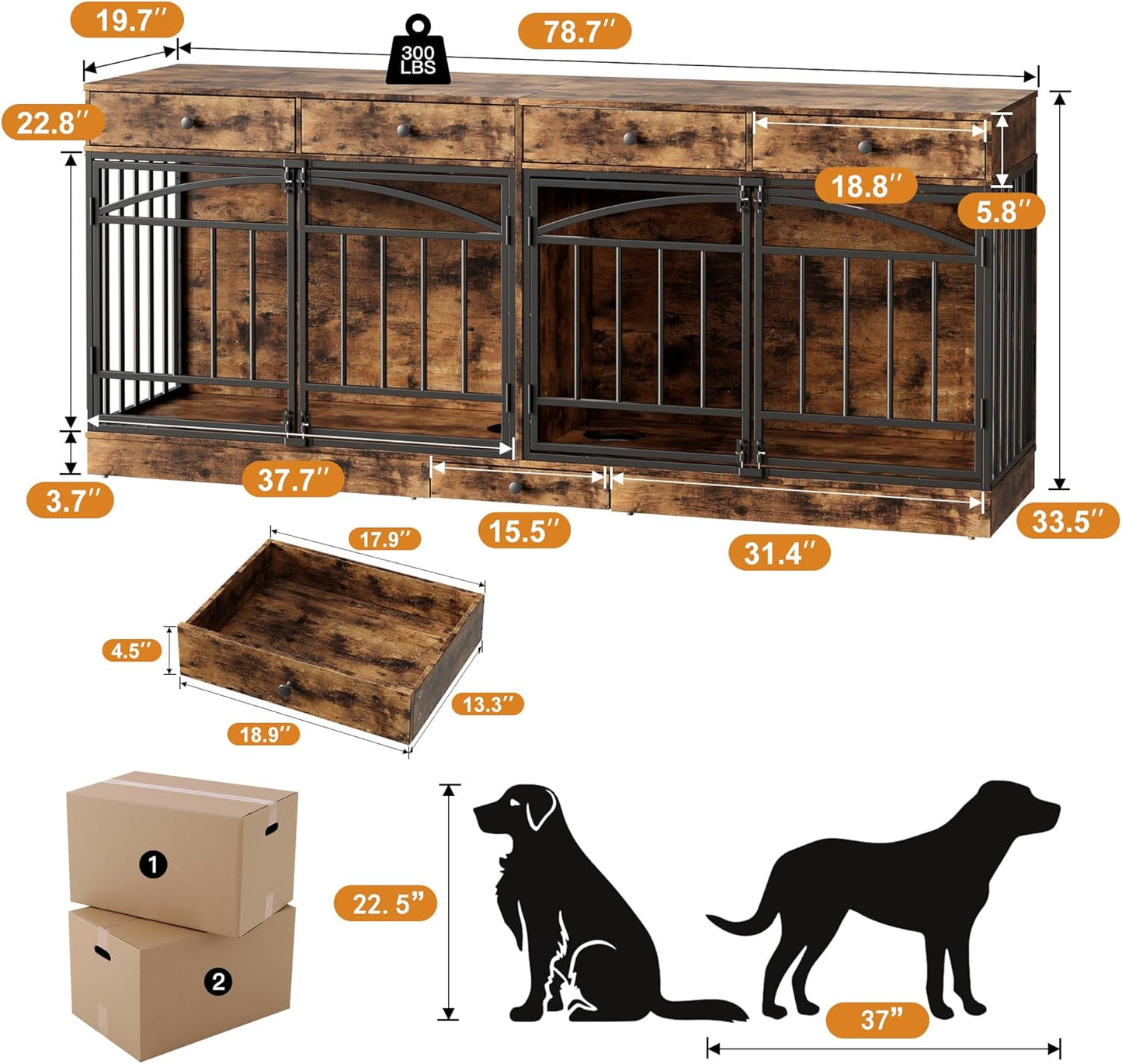 GarveeHome Dog Crate Furniture for 2 Dogs, Dog Kennel Indoor with 4 Storage Drawers and Feeding Bowls, Double Dog Crate TV Stand for Small Medium Dogs, Brown