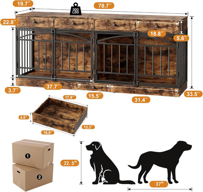 GarveeHome Dog Crate Furniture for 2 Dogs, Dog Kennel Indoor with 4 Storage Drawers and Feeding Bowls, Double Dog Crate TV Stand for Small Medium Dogs, Brown