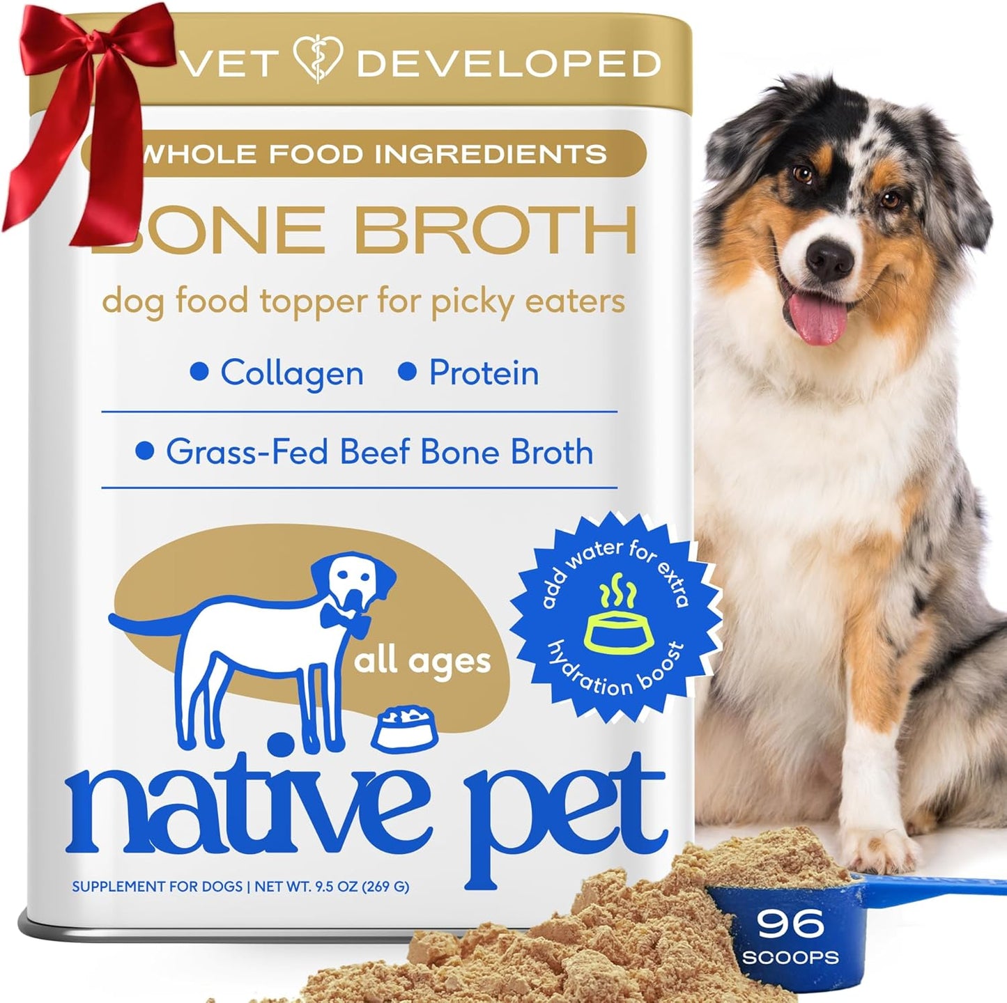 Native Pet Bone Broth for Dogs and Cats - Made with Real Beef Bone Broth, Dog Food Toppers for Picky Eaters - Provides Extra Hydration & Nutrition for Joint Strength, Immunity & Heart Health-96 Scoops