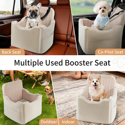 Dog Car Seat for Small Medium Dogs - 6.7inch Elevated Dog Booster Car Seats with Deluxe Rose Plush, Washable Travel Safety Pet Carseat Bed with 2 Safety Belts and Storage Pockets(Beige)
