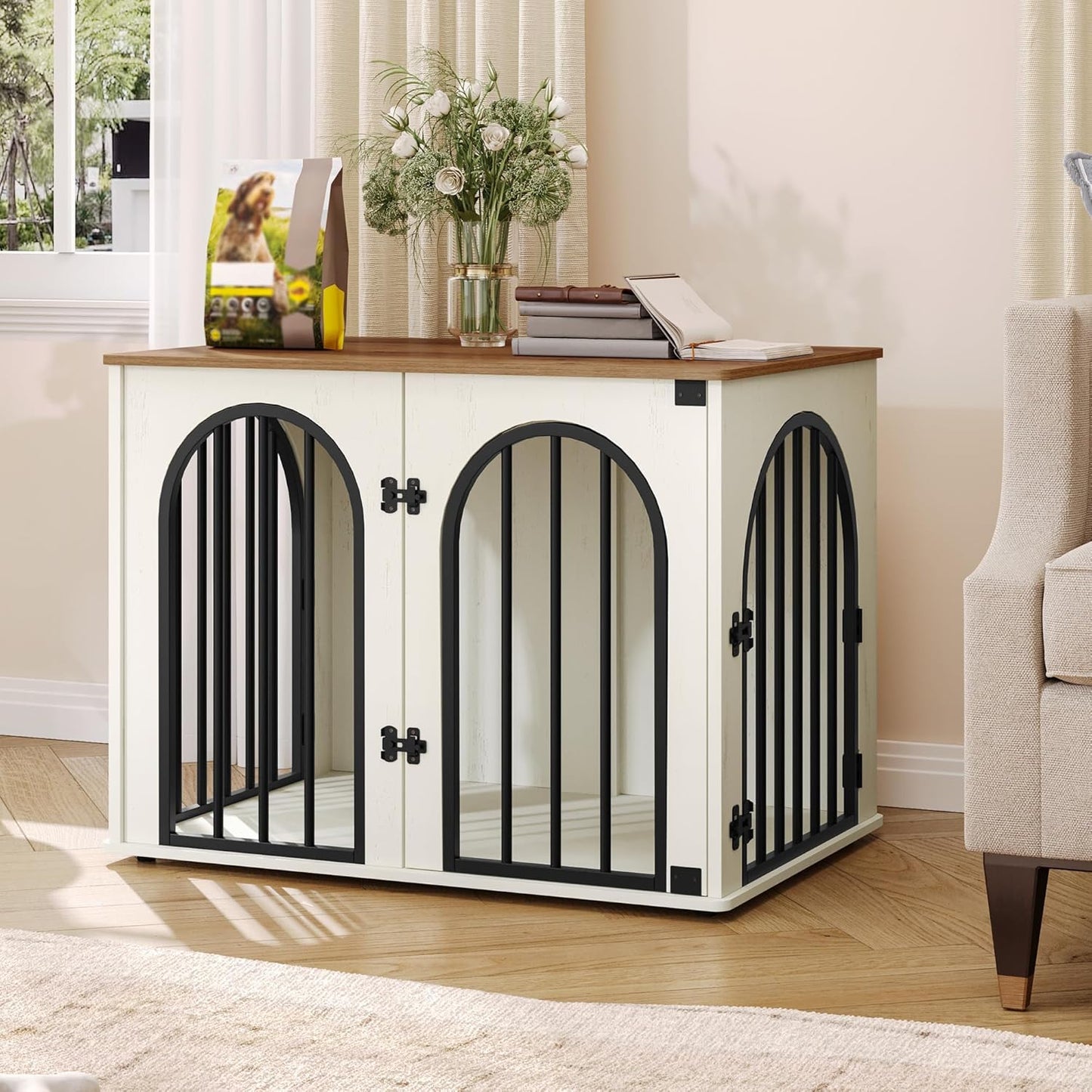 31.5'' Wooden Dog Crate Furniture, Indoor Dog Kennel Dogs Cage for Small/Medium Dogs, Heavy Duty Dog Crates Decorative Pet House End Side Table TV Stand, White Brown DFC85114B