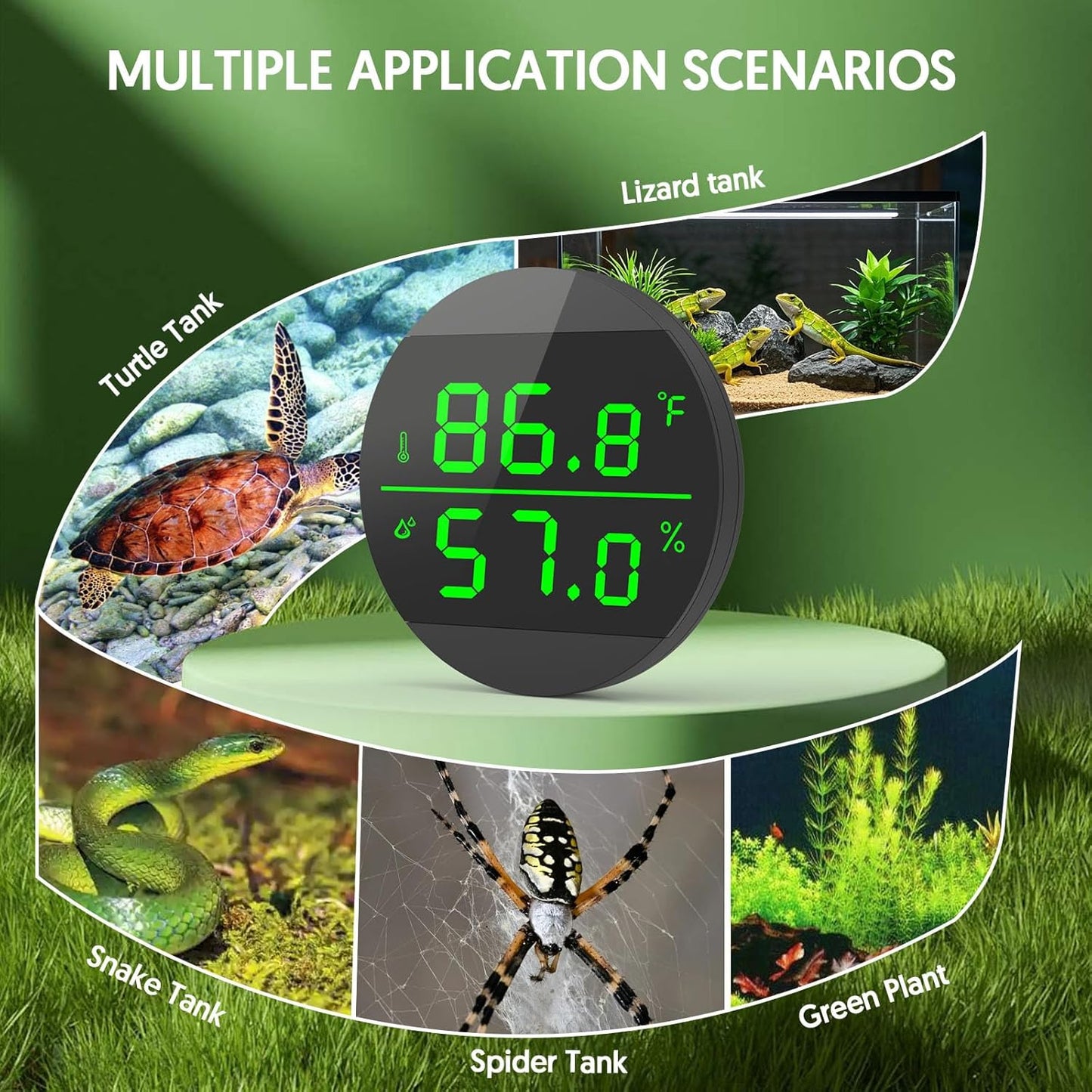 QZQ Reptile Thermometer and Humidity Gauge, LED Digital Thermometer Hydrometer, Reptile Tank Accessories for Bearded Dragon, Crested Gecko, Snake, Jumping Spider, Lizard, USB Power Supply (Black)