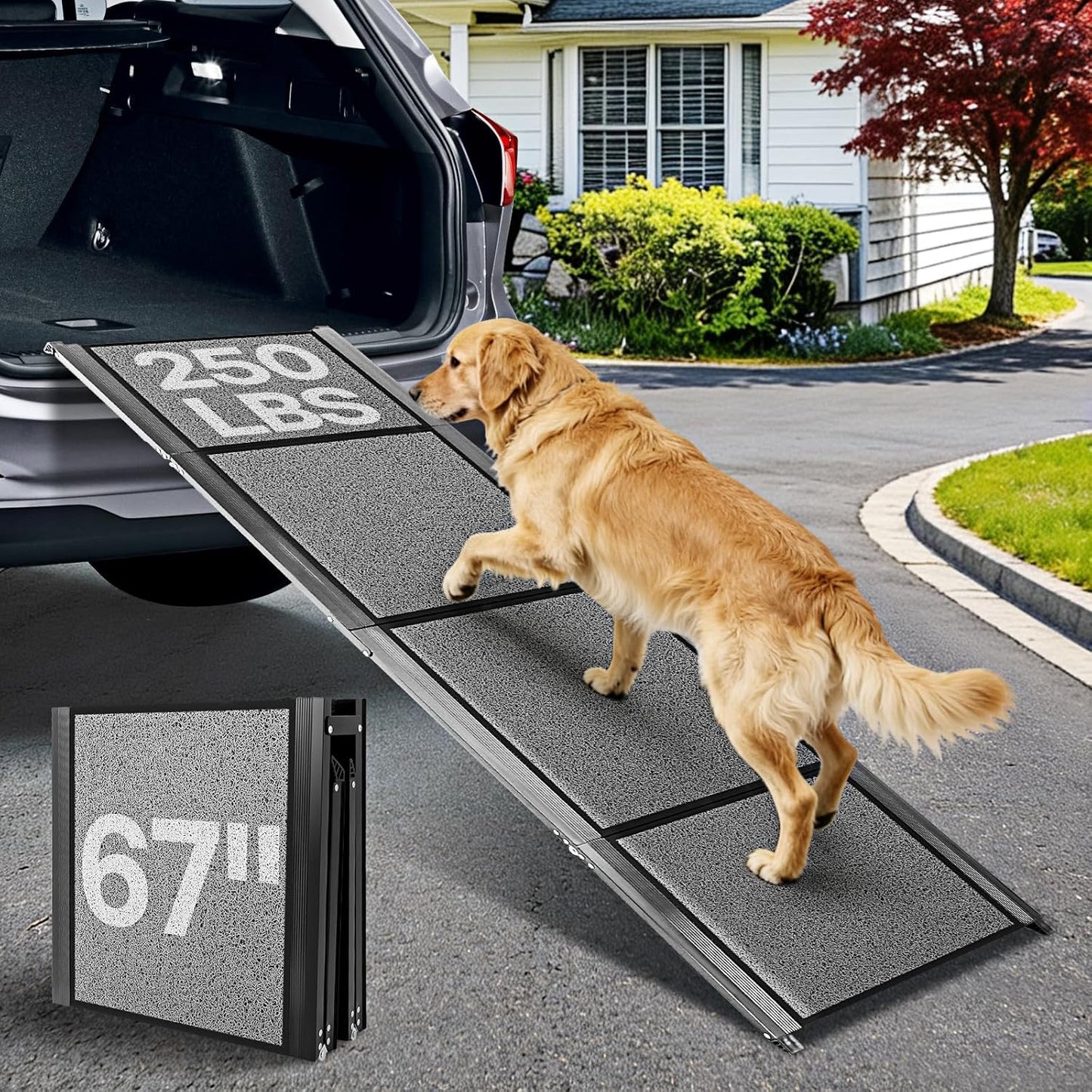 67''x 17'' Folding Dog Ramp for Truck, Aluminum Pet Ramp for Large Dogs, Foldable Dog Stairs Steps Up to 250LBS, with Non-Slip Rug Surface for Car, SUV, Bed, Indoor & Outdoor(Wire Loop Fabric)