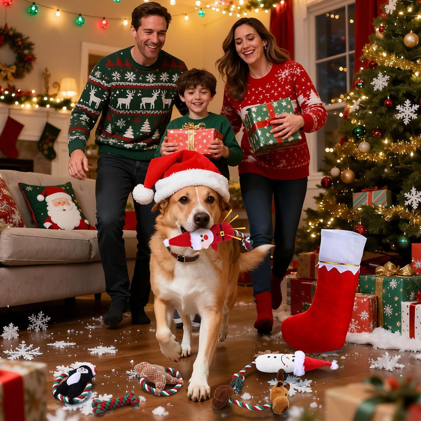 7 Pcs Christmas Dog Toys Christmas Squeaky Interactive Dog Toys with Crinkle, Plush Pet Chewing for S/M/L Dogs to Keep Busy Santa, Penguin, Snowman, Deer, Gingerbread Man, Stocking, Bone