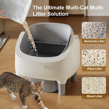 Auto Self-Cleaning Litter Box + Pet Hair Remover Glove Bundle, Open-Top Box with 10.5L Bin & Grooming Glove