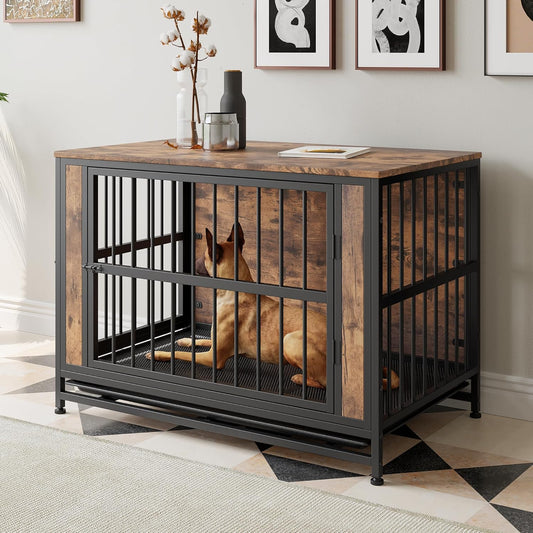 LUMILAND Stylish Dog Crate Furniture for Ultimate Comfort, Multi-Functional and Chew-Resistant Design, Rustic Brown