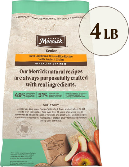 Merrick Healthy Grains Premium Dry Dog Food, Wholesome and Natural Dry Chicken Kibble, Senior Recipe - 4.0 lb. Bag