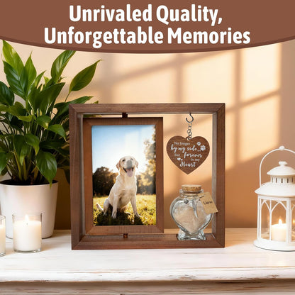 Dog Memorial Gifts for Loss of Pet - Rotating Wooden Frame for 4x6 Photo & Fur Hair Jar - Sympathy Gift for Pet Bereavement, Remembrance Keepsake - Rainbow Bridge Gift for Dog Lovers