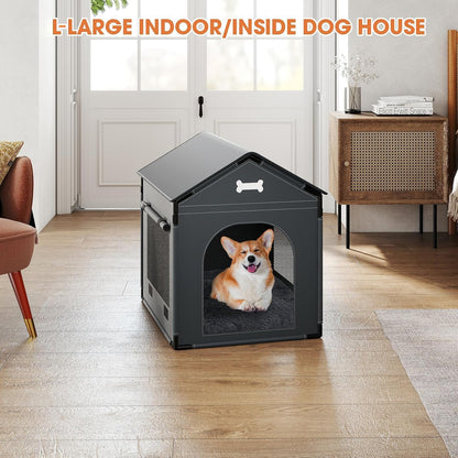 Dog House Indoor, Large Doghouse Soft with Frame, Waterproof Pet House for Medium Large Dogs with Oxford Fabric, Warm Indoor Dog House Bed with Soft Cushion, 27.56x21.26x26.77in, Dark Gray