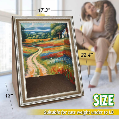 Cat Scratcher, Scratch Pad with Oil Painting, Furniture Saver Scratching Board, Cardboard Cat Scratcher House with Frame, Large Scratching Pad & Scratcher Bed, Cat Cardboard Scratcher for Indoor Cats