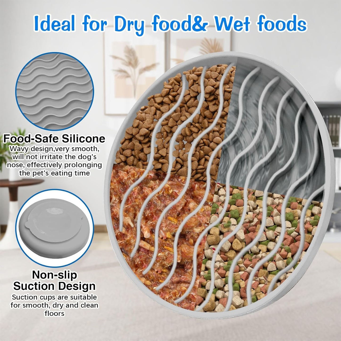 Fhiny Slow Feeder Dog Bowl, Silicone Dog Puzzle Bowl Slow Feeder Puppy Bowls Slow Eating Modern Lick Mat Design Dishwasher Microwave Fit for Fast Eaters, All Small Medium Dogs Puppy Doggy (Grey)