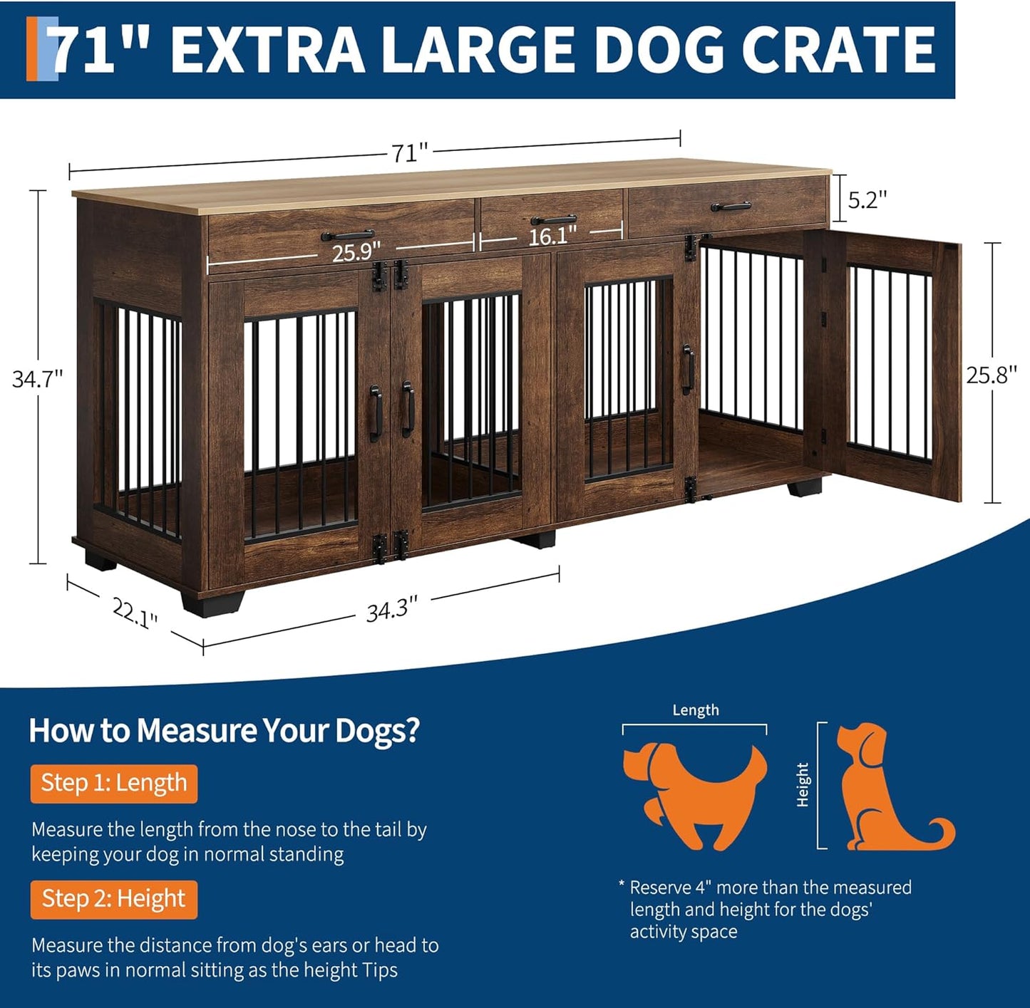 Modern Double Dog Crate Furniture – 71" Indoor Kennel with Divider & 3 Storage Drawers, Heavy Duty Pet Bed & Multi-Functional TV Stand End Table for Medium to Large Breeds – Color: Vieira oak veneer +