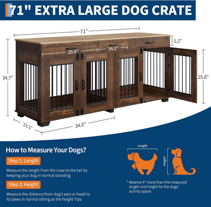 Modern Double Dog Crate Furniture – 71" Indoor Kennel with Divider & 3 Storage Drawers, Heavy Duty Pet Bed & Multi-Functional TV Stand End Table for Medium to Large Breeds – Color: Vieira oak veneer +