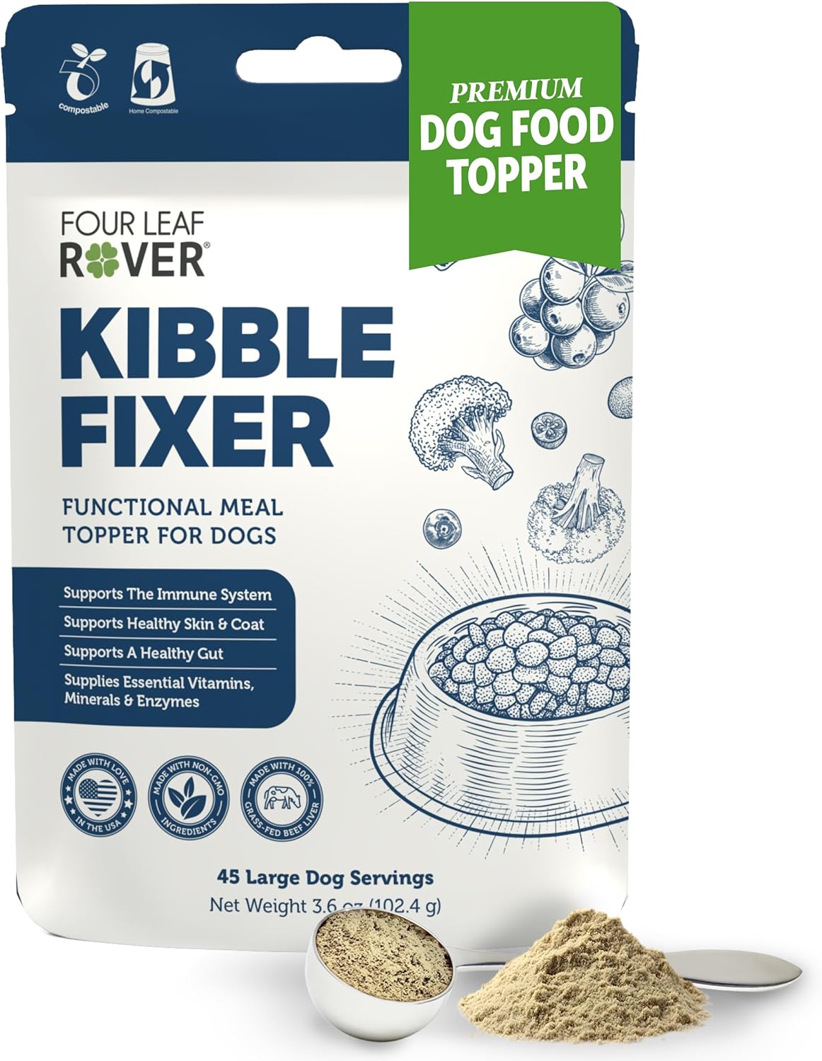 FOUR LEAF ROVER Kibble Fixer - Freeze-Dried Dog Food Topper with Dog Probiotics and Digestive Enzymes - Supports Healthy Digestion and Immune Systems