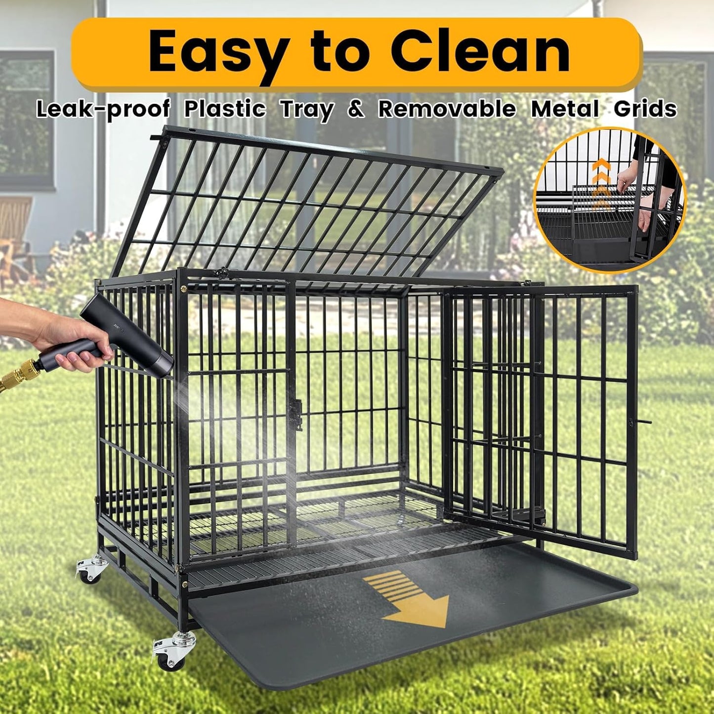 Stackable 36 Inch Dog Crate for Medium/Small Dogs, Heavy Duty Indestructible Dog Cage with Top Access & Lockable Wheels, Escape Proof Dog Kennel Indoor with Auto-Lock, Metal Grids & Leak-Proof Tray
