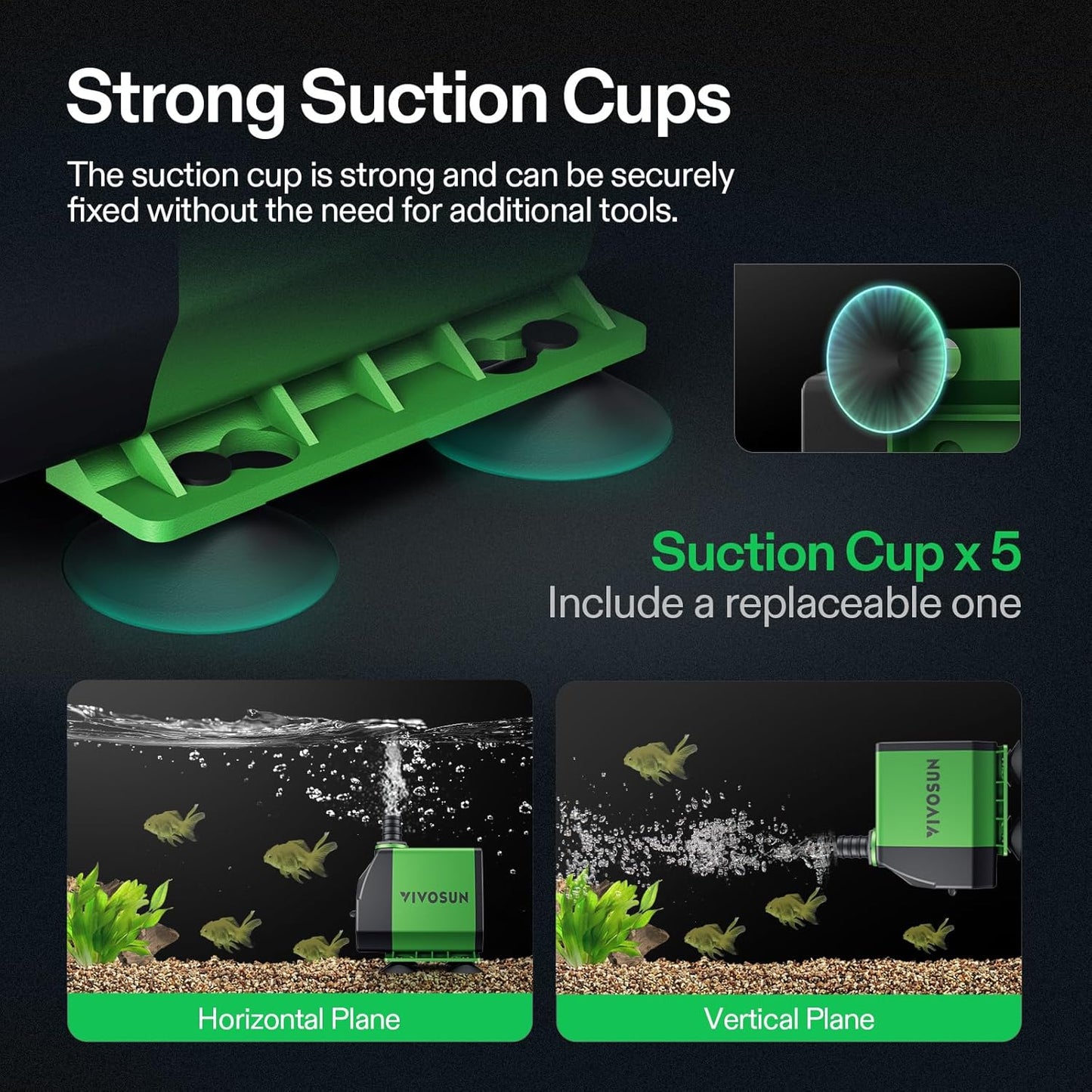 VIVOSUN 800GPH Submersible Pump(3000L/H, 24W), Ultra Quiet Water Fountain Pump with 10ft. High Lift with 6.5ft. Power Cord, 3 Nozzles for Fish Tank, Pond, Aquarium, Statuary, Hydroponics Green