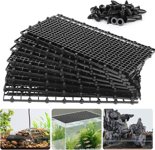 12pcs Aquarium Fish Tank Divider Filter Bottom with Bracket, Plastic Egg Crate Grid (11.6X5.7inch) for Fish Tank Separation, Bottom Filtration & DIY Aquascaping (Black, 72 Brackets)