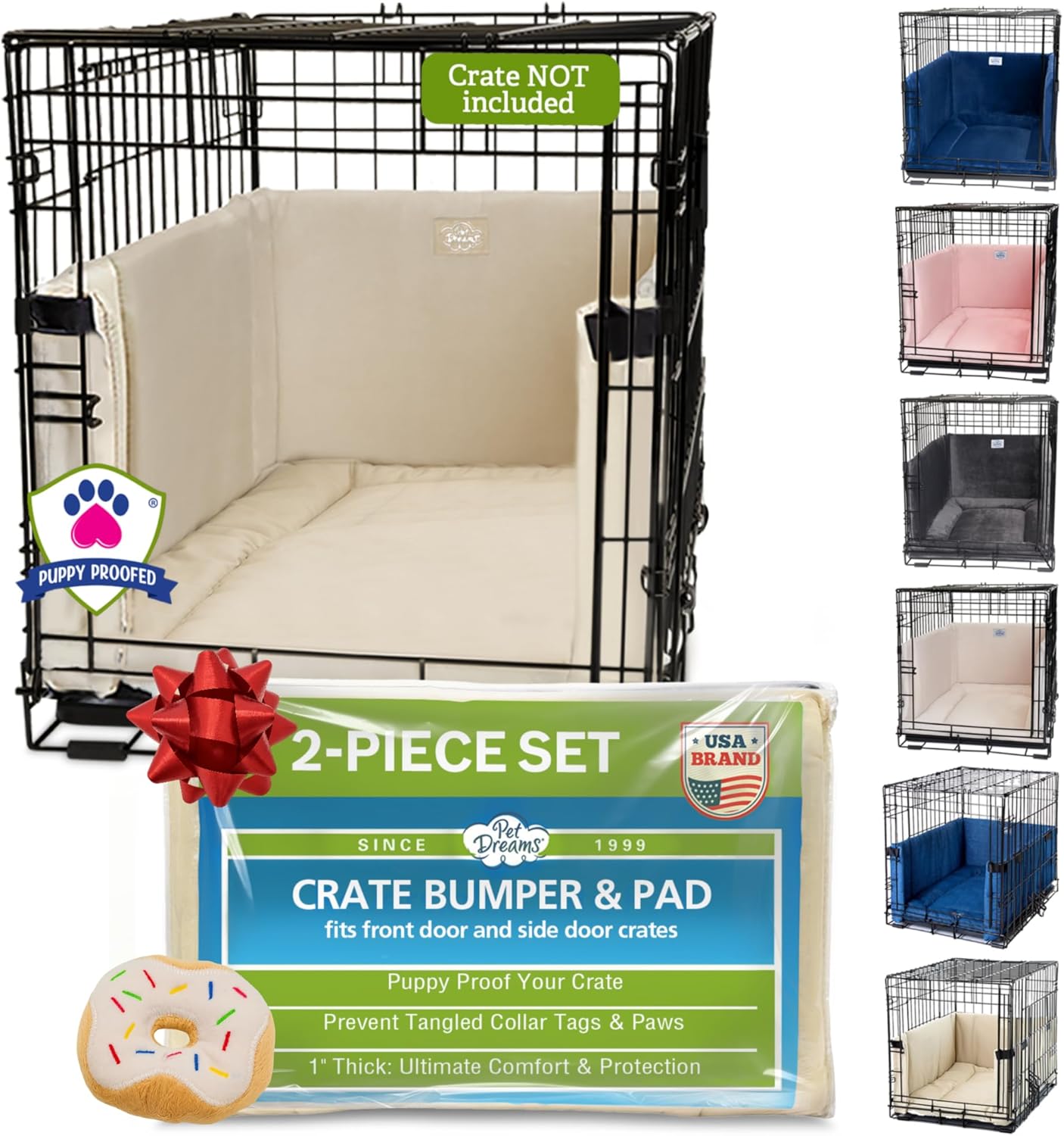 Pet Dreams Dog Crate Bumper & Mat Set with Bonus Donut Toy - Comfy Liner & Dog Tail Protector for Inside Crate, fits iCrate Cages 18, 24, 30, 36, 42, 48 Inches (Khaki, Medium, 30“)