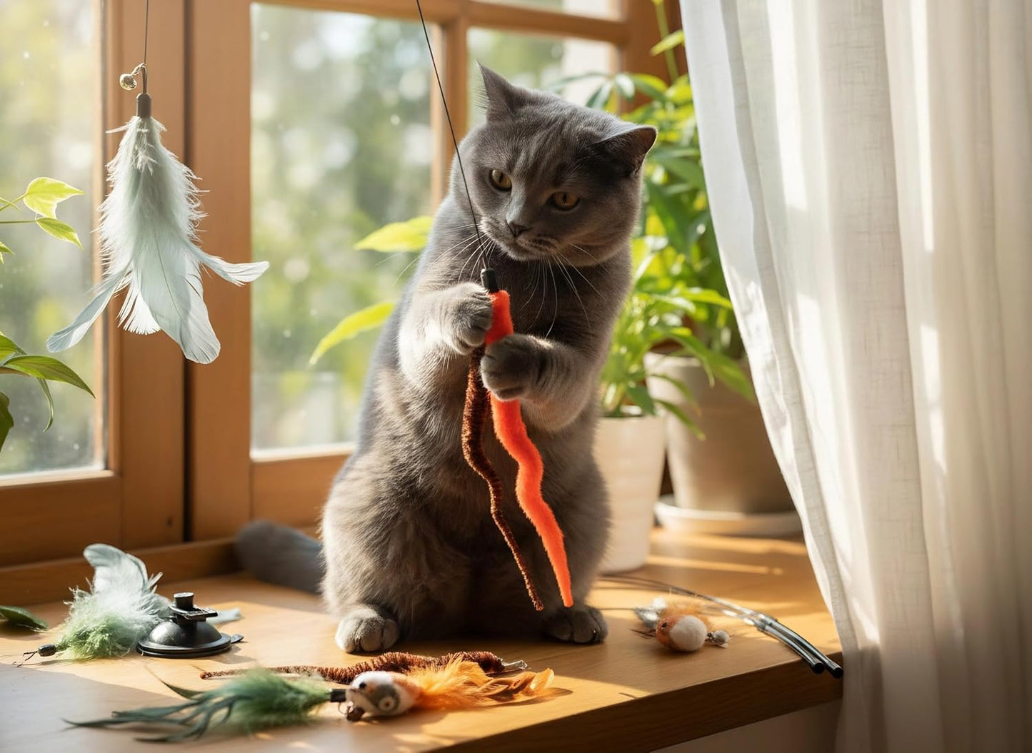 9 Pcs Interactive Cat Feather Toys for Indoor Self Play & Exercise, Cat Wand Toy, 2 Play Modes Kitten Teaser Wand, Reusable Suction Cup Kitten Toys